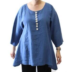 NEW MOSAIC scoop neck button linen top in blue